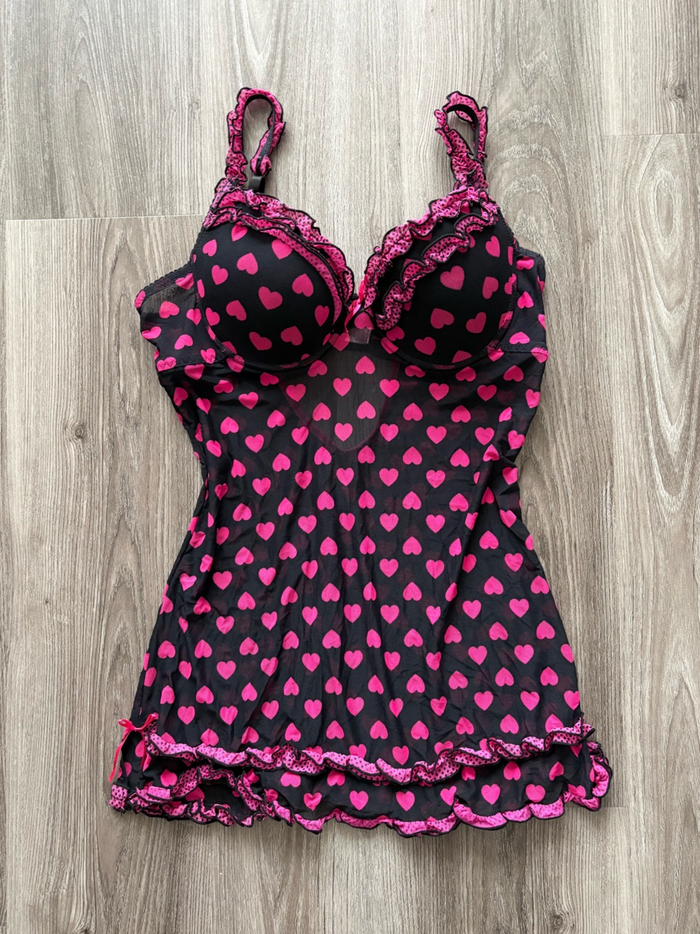 Nature Intimates Black Chemise with Hot Pink Heart Print and Lace Trim